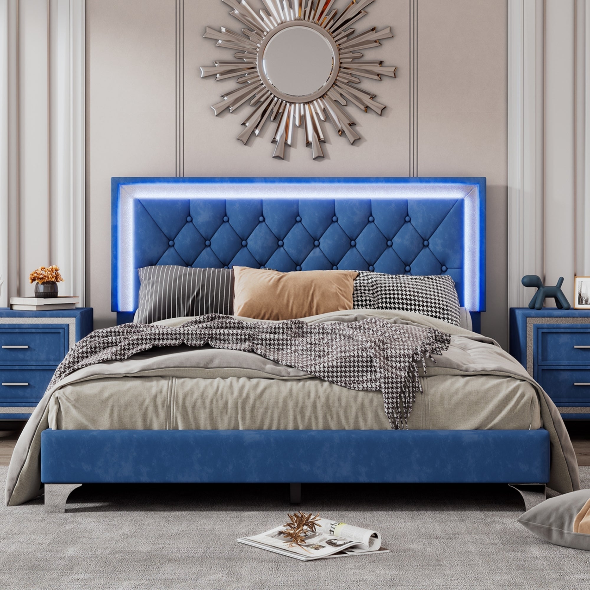Queen Size Upholstered Bed Frame with LED Lights,Modern Velvet Platform Bed with Tufted Headboard,Blue - Atlantic Fine Furniture Melbourne FL
