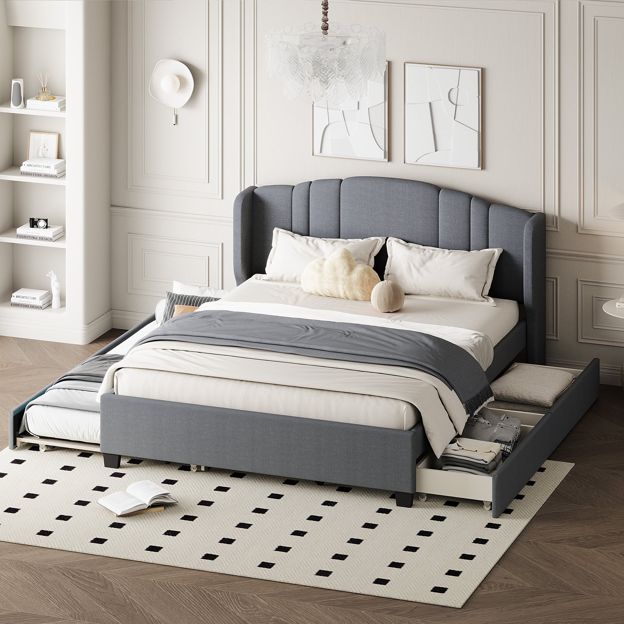 Upholstered Platform Bed with Wingback Headboard, One Twin Trundle and 2 Drawers, No Box Spring Needed, Linen Fabric, Queen Size Gray - Atlantic Fine Furniture Melbourne FL