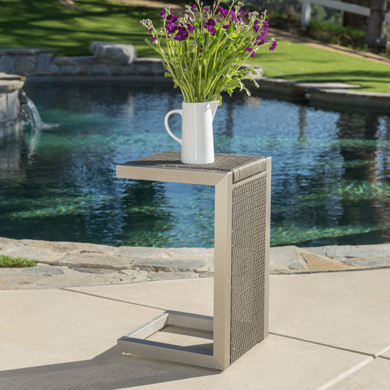 Cape - Coral Wicker C Shaped Table Modern DesignRattan And Aluminum Frame - Brown