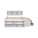 Full Bed with Bookcase Headboard, Under bed Storage Drawers and Bed End Storage Case,White
