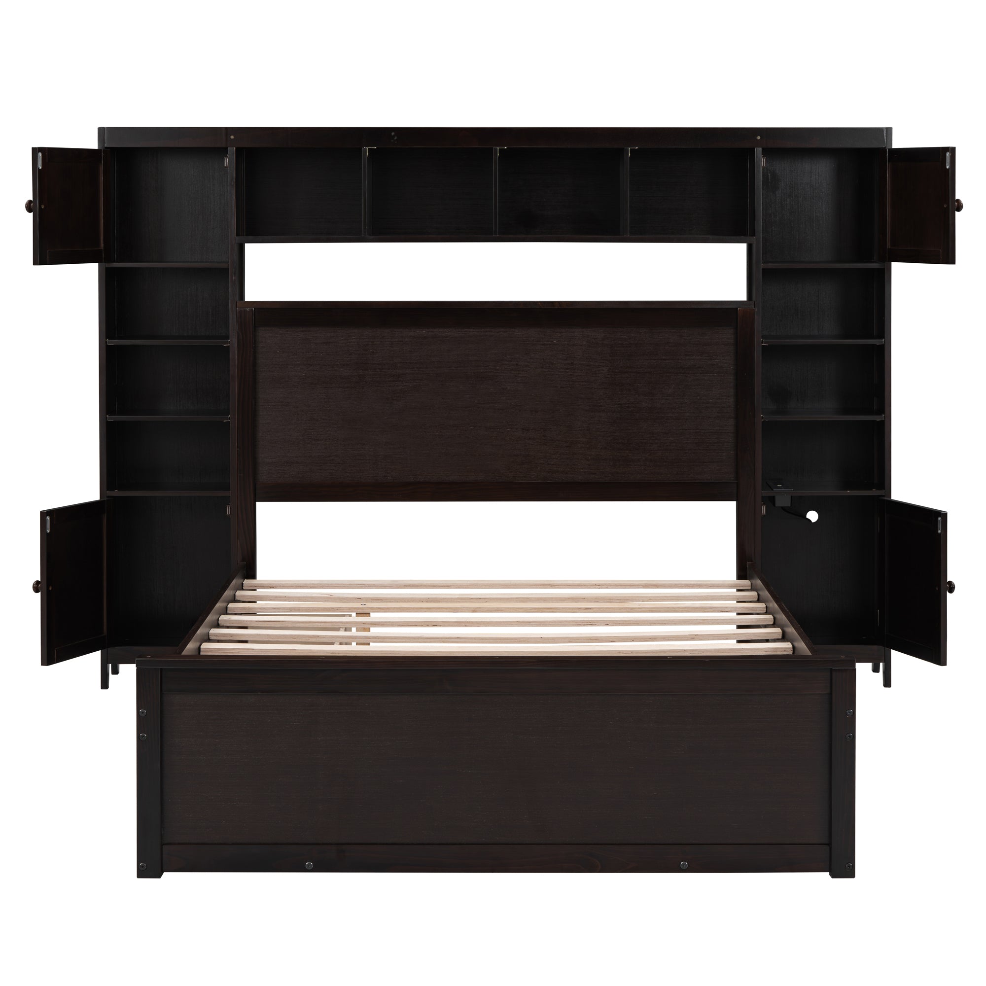 Full Size Wooden Bed With All-in-One Cabinet, Shelf and Sockets, Espresso - Atlantic Fine Furniture Melbourne FL