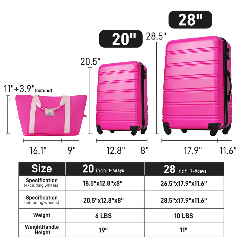 Hardshell Luggage Sets 2 Pieces + Bag Spinner Suitcase With Tsa Lock Lightweight 20" / 28" - Pink