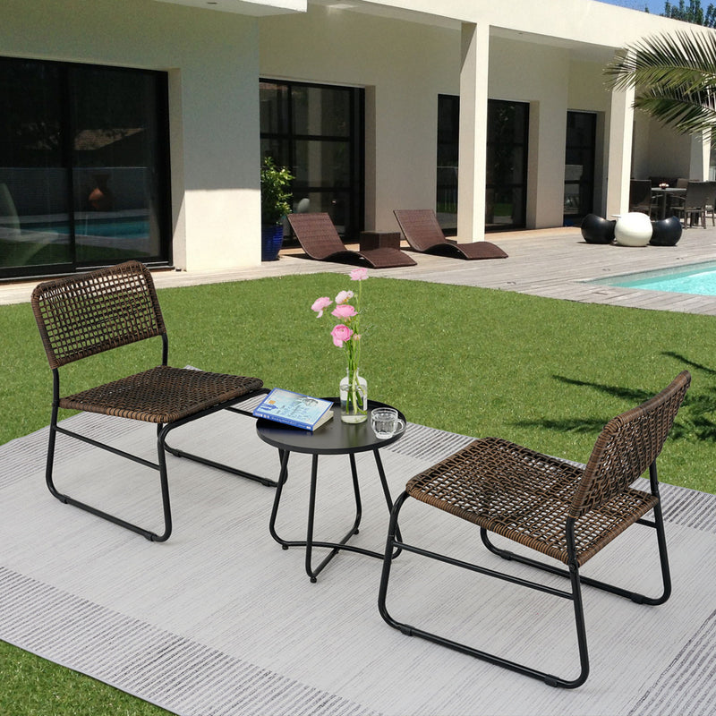 Patio Furniture Set 3 Piece Mixture Pattern PE Rattan Steel Frame And Modern Round Table - Brown / Black