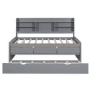 Full Size Wooden Captain Bed with Built-in Bookshelves,Three Storage Drawers and Trundle,Light Grey