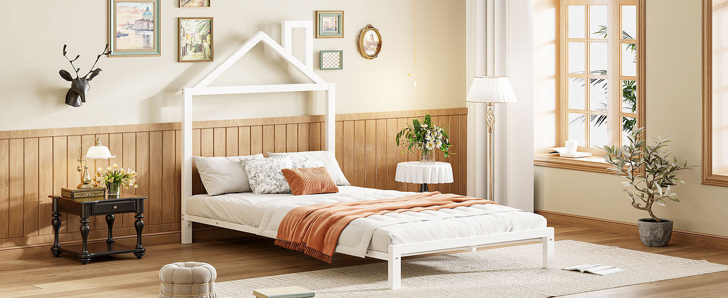 Twin Size Metal Platform Bed with House-Shaped Headboard Design, White - Atlantic Fine Furniture Melbourne FL