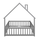 Full House-Shaped Headboard Floor Bed with Fence ,Grey