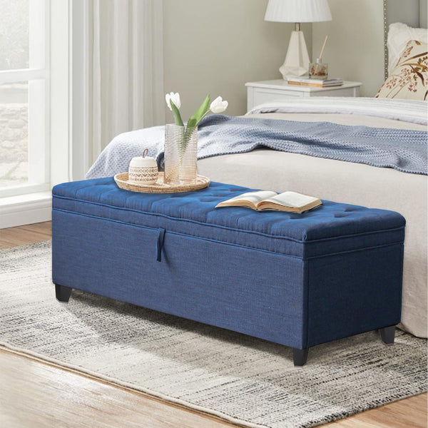 Extra Long Storage Ottoman Entryway Bench With Flip Top Storage Chest With Padded Seat Bed End Stool For Hallway Living Room Bedroom - Blue