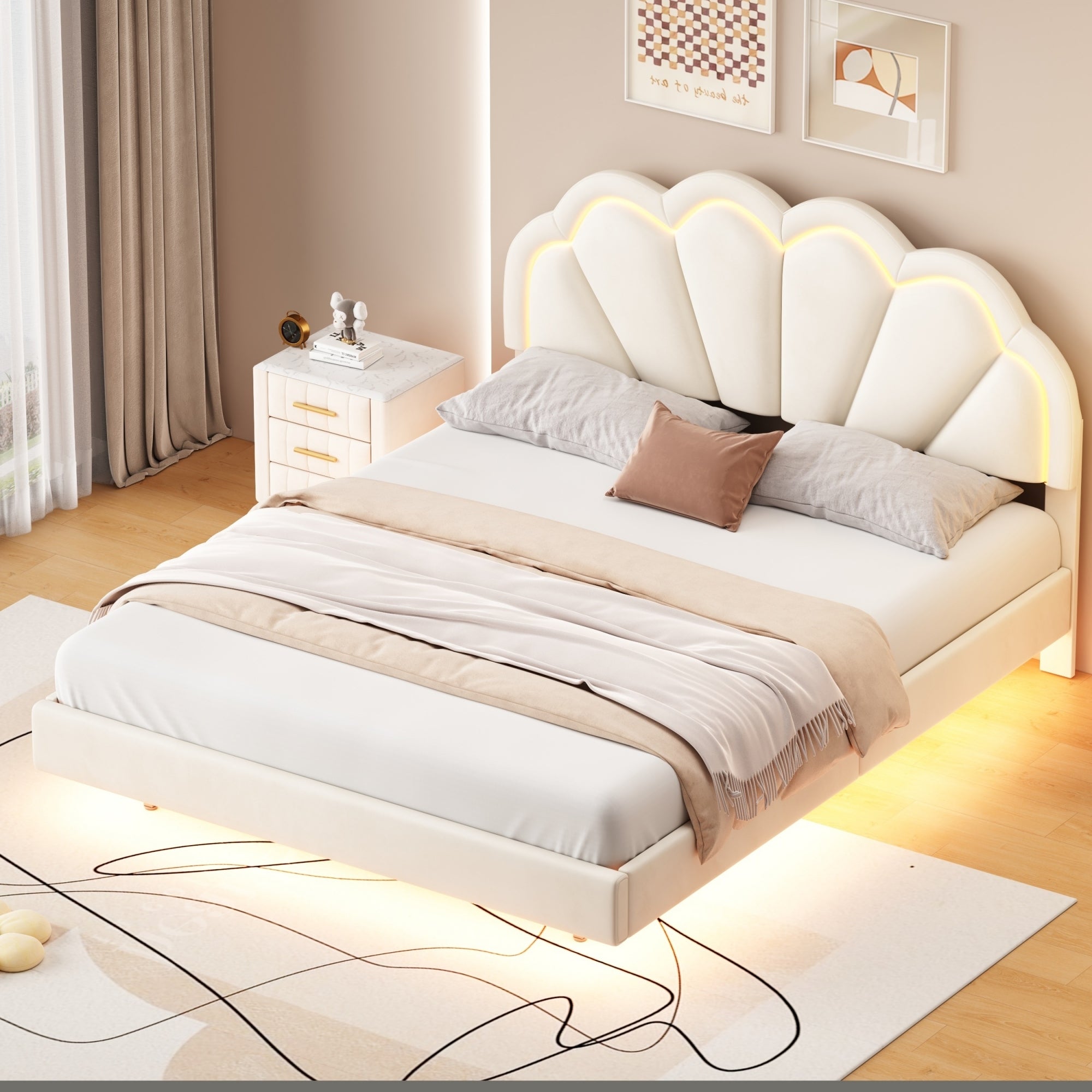 Queen Upholstered Smart LED Bed Frame with Elegant Flowers Headboard,Floating Velvet Platform LED Bed with Wooden Slats Support,Beige - Atlantic Fine Furniture Melbourne FL