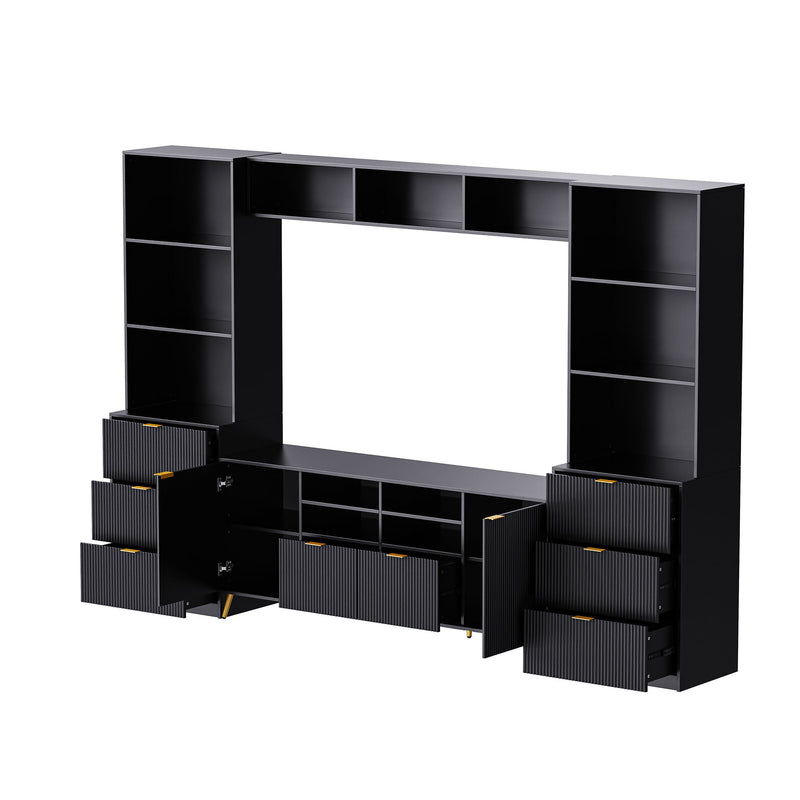 4 Piece Entertainment Wall Unit With 13 Shelves, 8 Drawers And 2 Cabinets, Multifunctional TV Stand Media Storage Cabinet With Fluted Line Surface For Living Room, For TVs Up To 70"