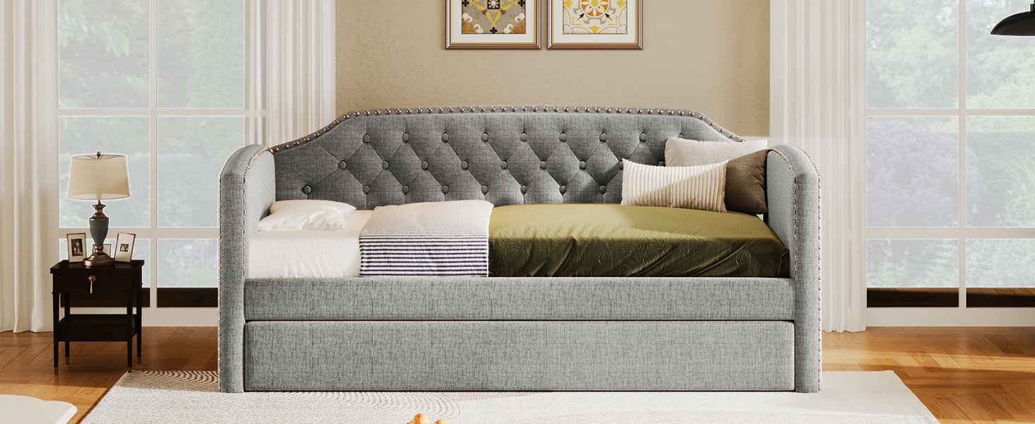 Twin Size Upholstered Daybed with Trundle for Guest Room, Small Bedroom, Study Room, Gray - Atlantic Fine Furniture Melbourne FL
