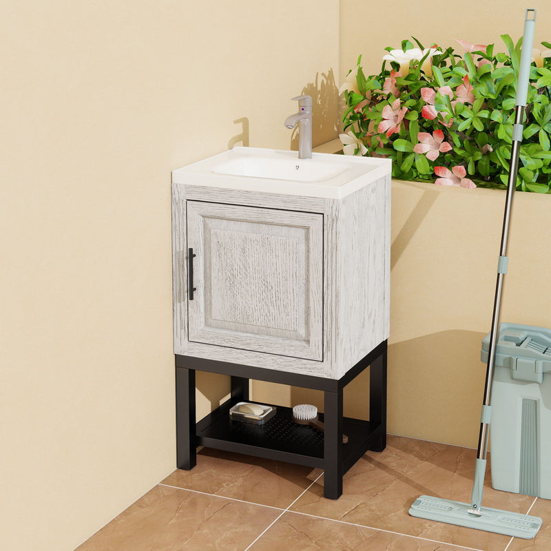 Modern Freestanding Bathroom Vanity With Ceramic Sink, Hot And Cold Faucet, 1 Door Cabinet & Open Shelf
