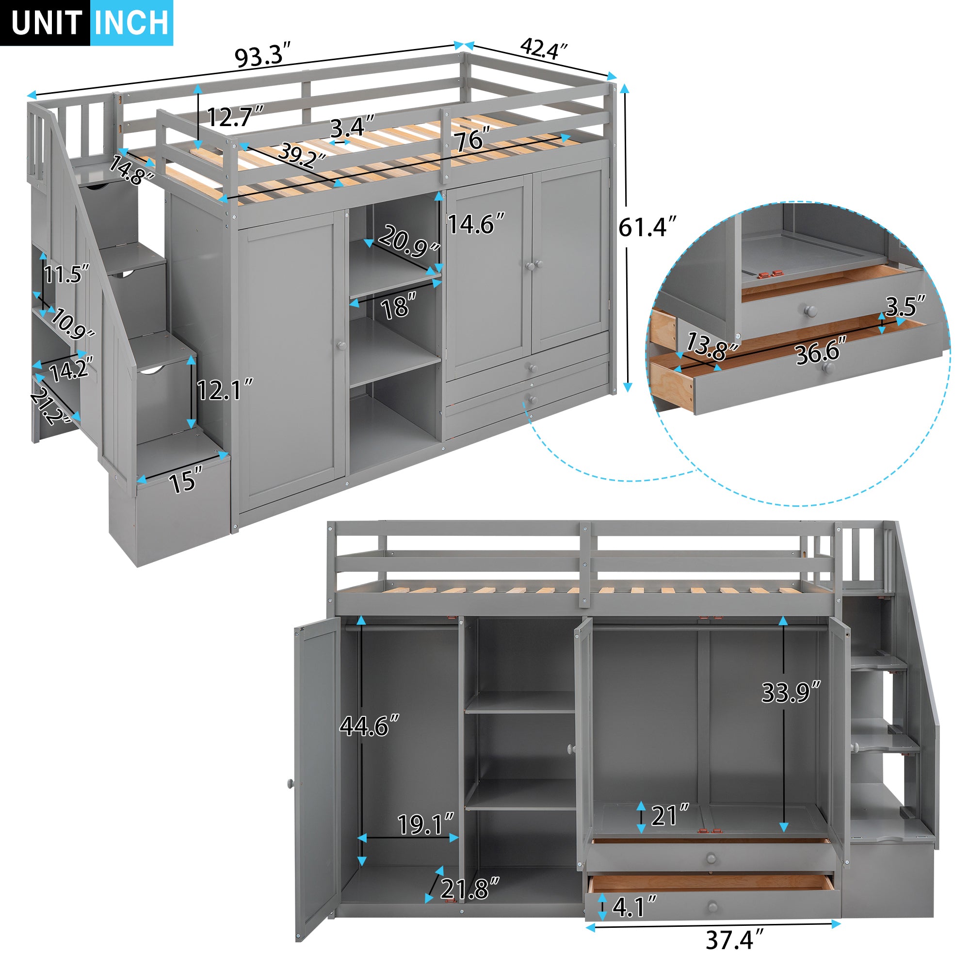 Functional Loft Bed with 3 Shelves, 2 Wardrobes and 2 Drawers,  Ladder with Storage, No Box Spring Needed, Gray - Atlantic Fine Furniture Melbourne FL