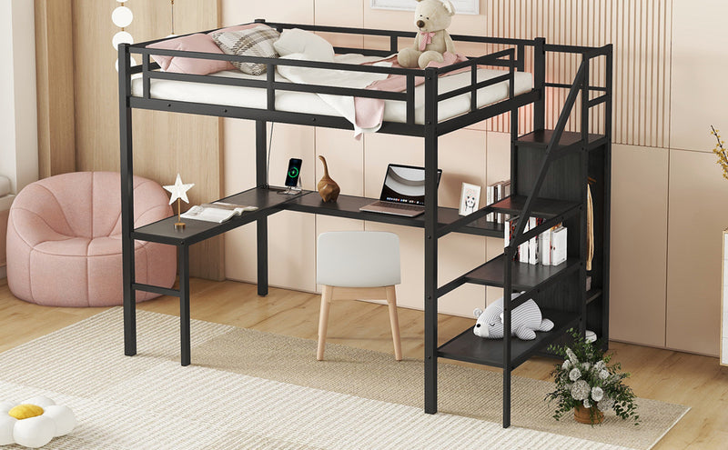 Full XL Size Loft Bed with L-shaped Desk and USB, Metal Loft Bed with Wardrobe and Adjustable Shelf, High Loft Bed with LED for Kids Teens Adults, Black