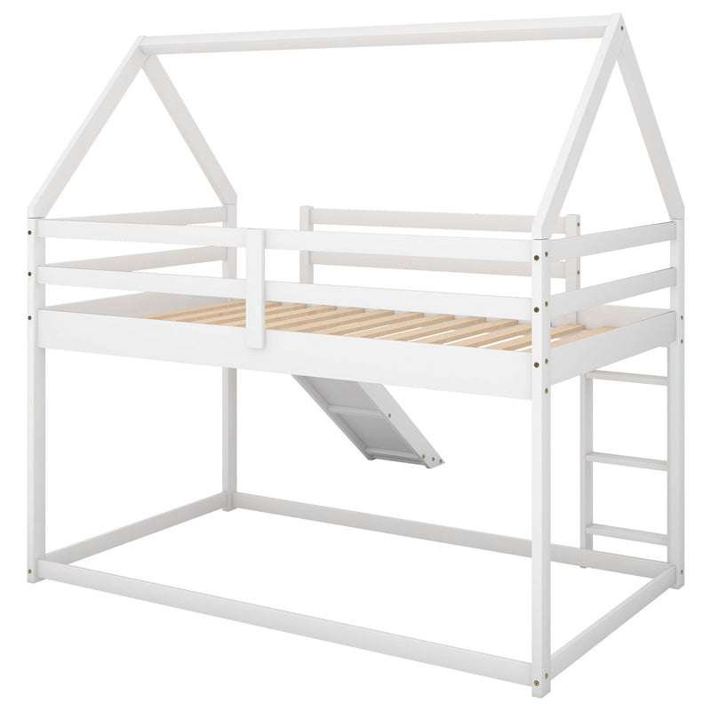 Twin Size Bunk House Bed With Slide And Ladder - White