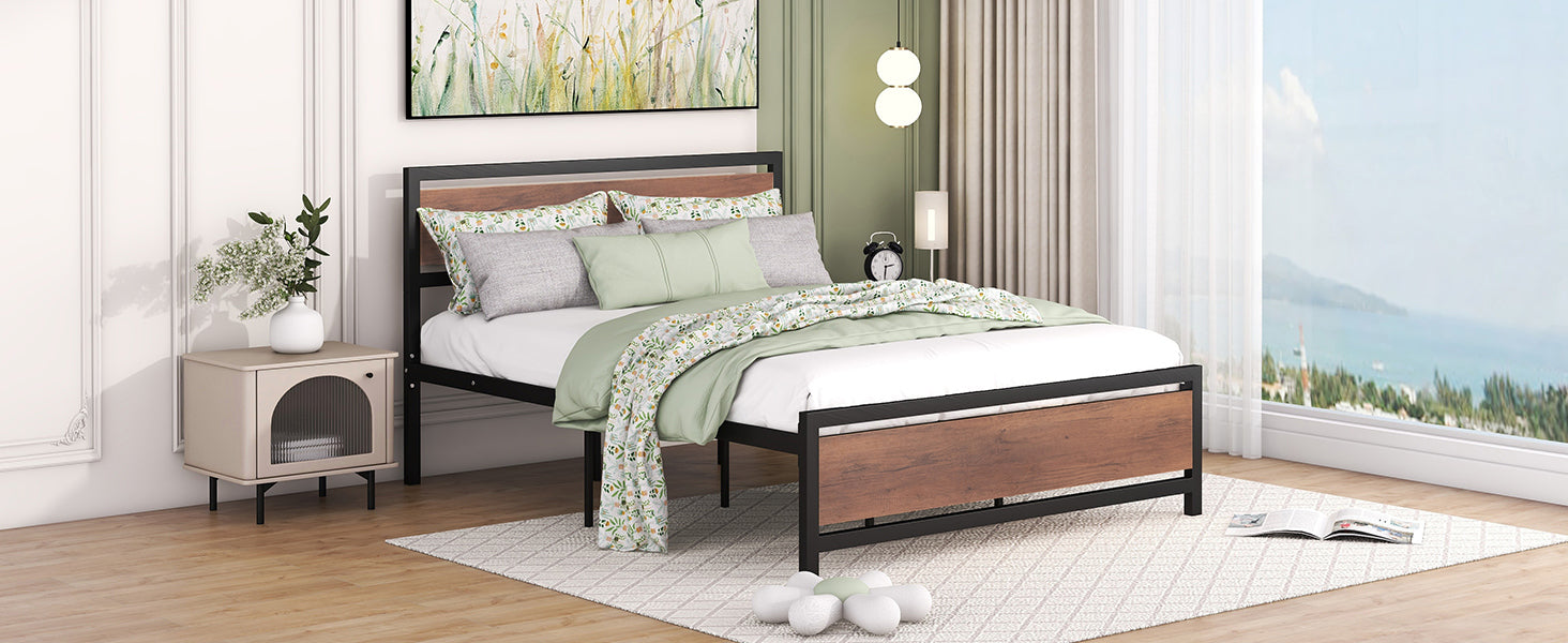 Queen Size Platform Bed, Metal and Wood Bed Frame with Headboard and Footboard , Black - Atlantic Fine Furniture Melbourne FL