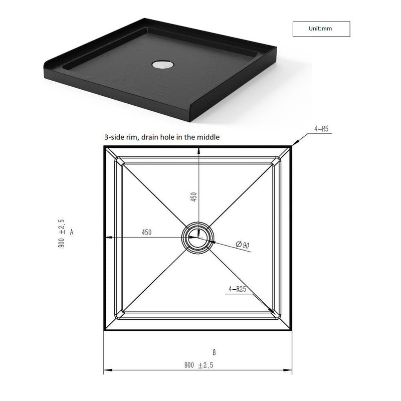 36" X 36" Shower Base 3.5" Height Anti - Slip Acrylic Center Drain Single Threshold Shower Base - Slate Black