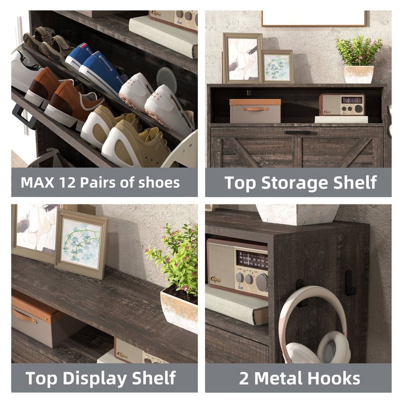 Farmhouse Shoe Storage Cabinet With Barn Door Design, 2 Flip Drawers, Hooks - Dark Oak