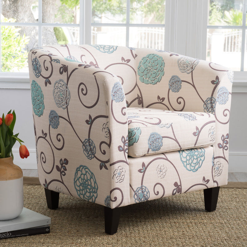Club Chair With Floral Pattern And Solid Wood Legs - Multi Color