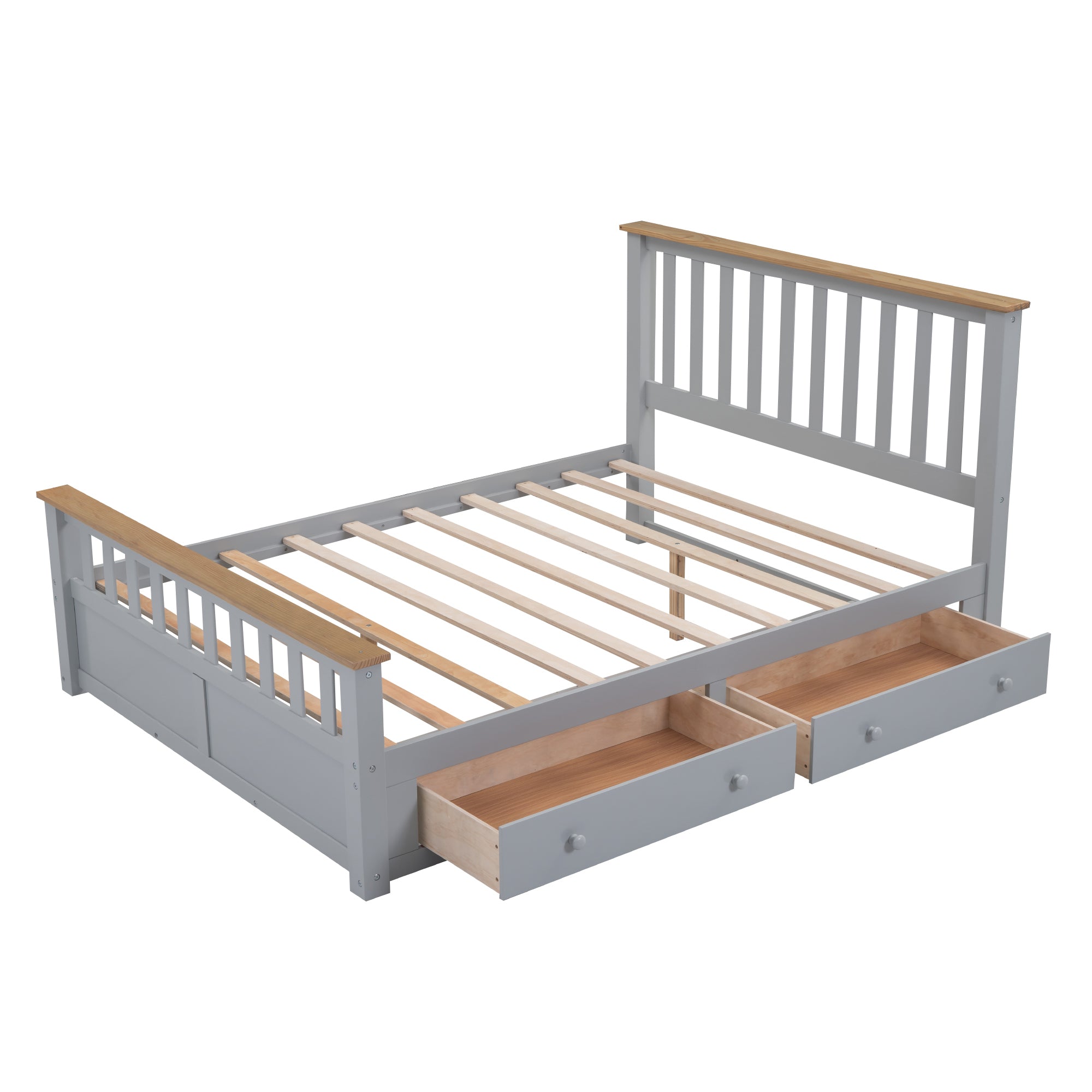 Queen Size Wood Platform Bed with Two Drawers and Wooden Slat Support,Gray+Natrual - Atlantic Fine Furniture Melbourne FL