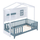 Twin Size Wood House Bed with 2 Shelves and Guardrail, White