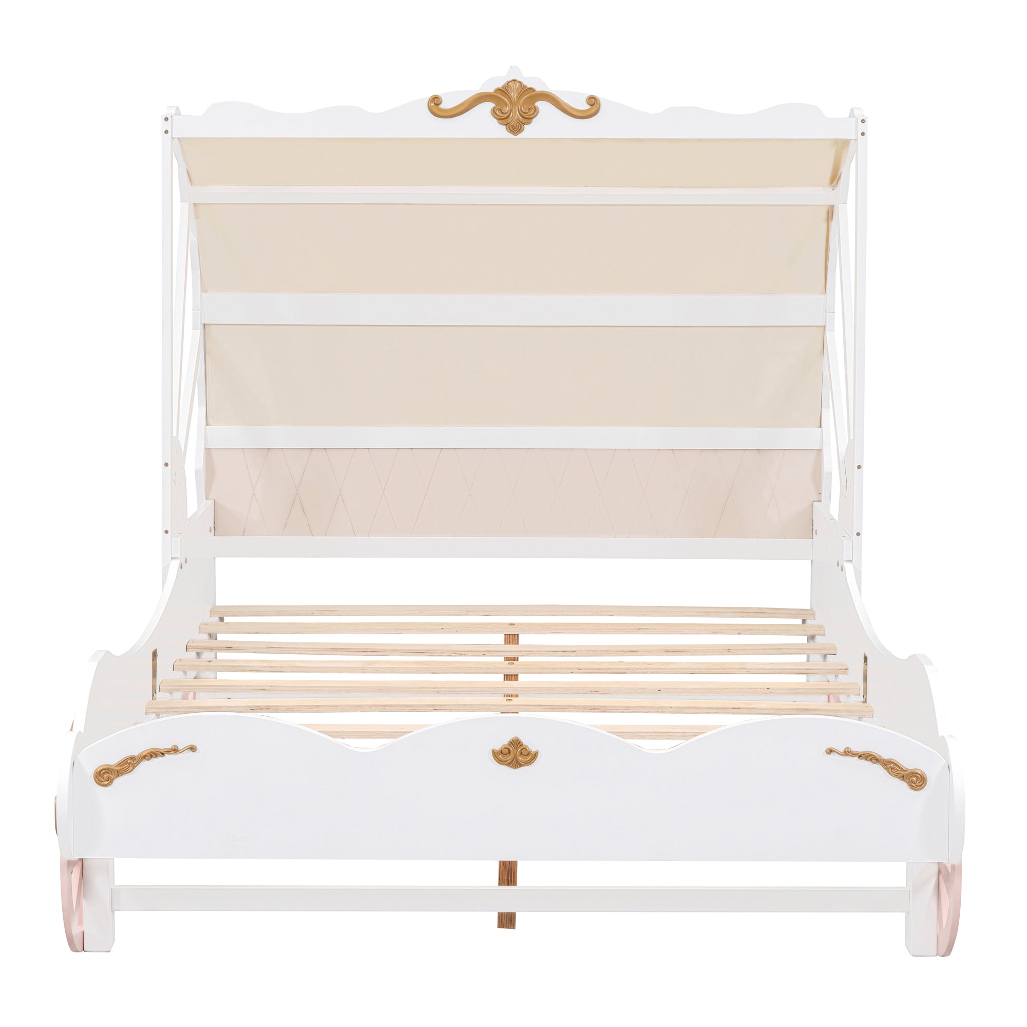 Full Size Princess Carriage Bed with Canopy, Wood Platform Car Bed with 3D Carving Pattern, White+Pink+Gold - Atlantic Fine Furniture Melbourne FL