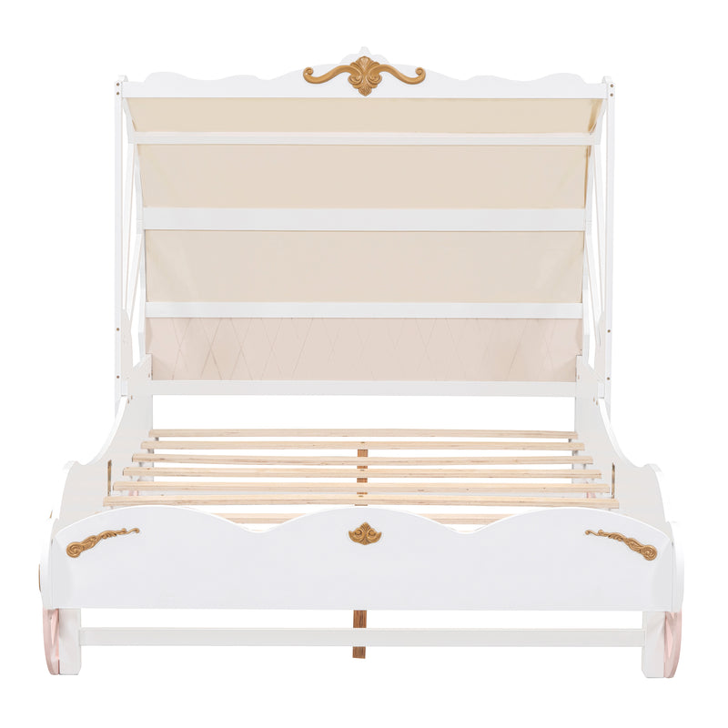 Full Size Princess Carriage Bed with Canopy, Wood Platform Car Bed with 3D Carving Pattern, White+Pink+Gold