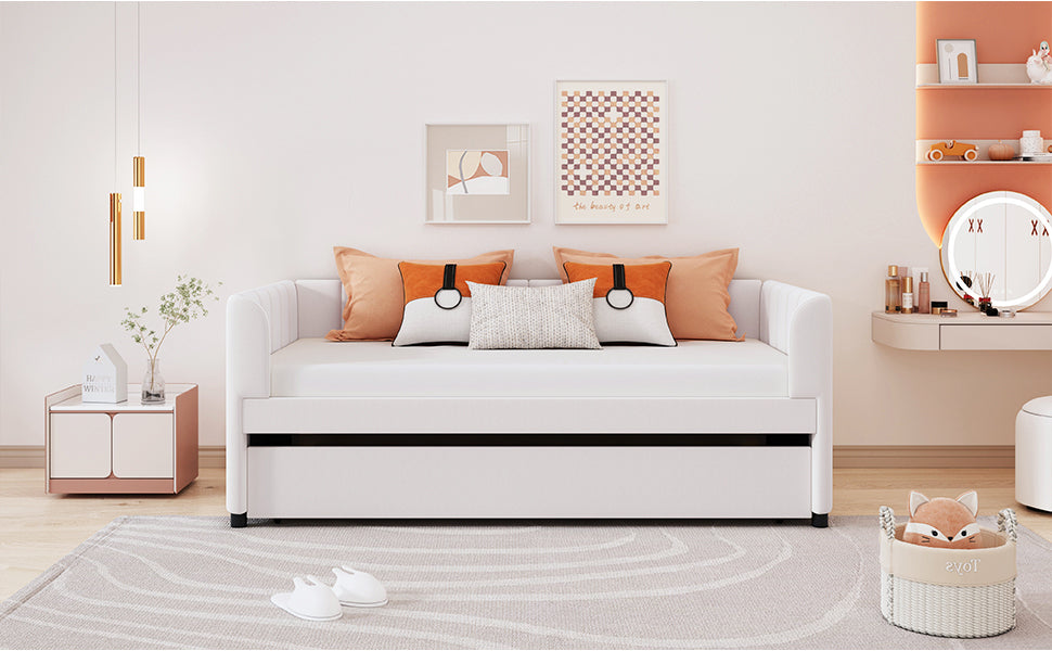 Twin Size Upholstered Daybed with Ergonomic Design Backrest and Trundle, Beige - Atlantic Fine Furniture Melbourne FL