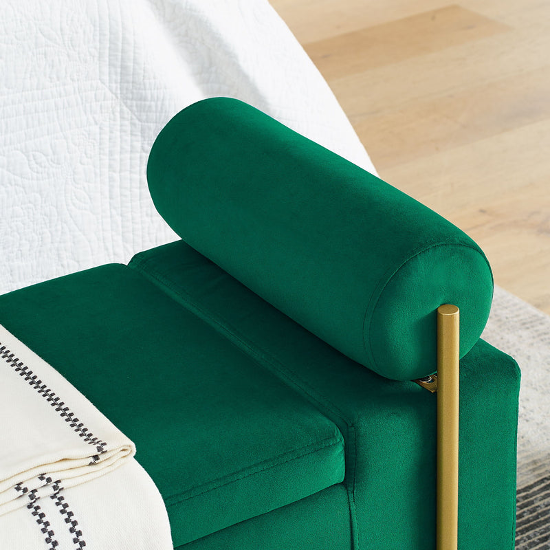 Elegant Upholstered Linen Storage Bench With Cylindrical Arms And Iron Legs, White