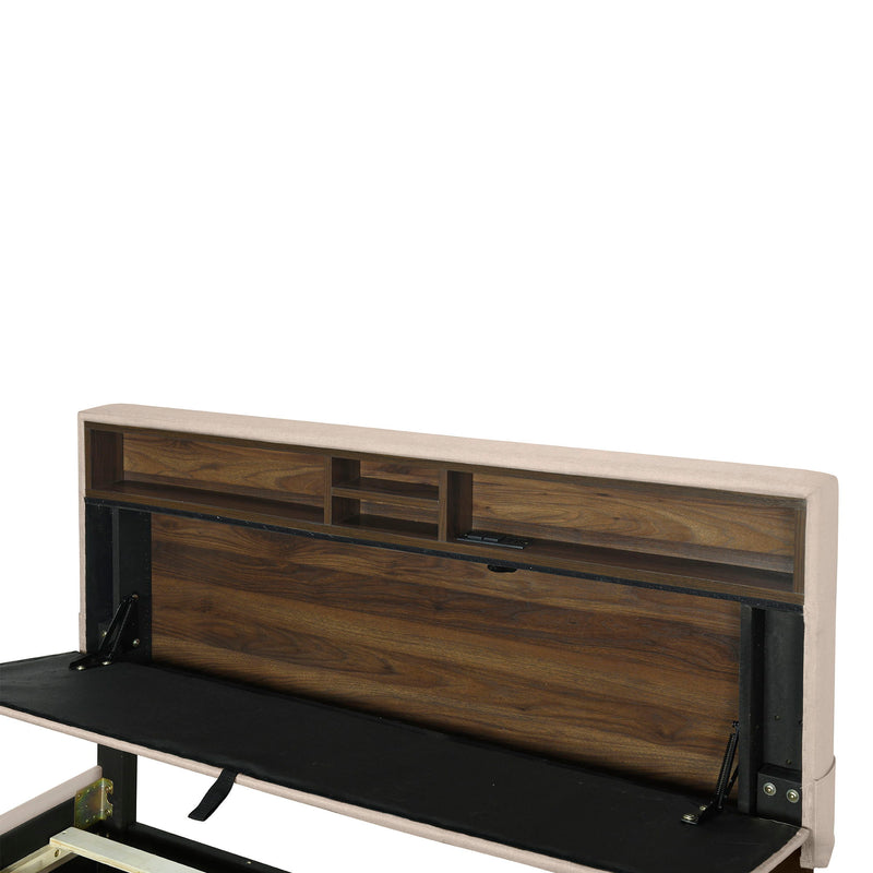 Upholstered Platform Bed With Storage Headboard, Trundle & 2 Drawers And A Set Of Sockets & USB Ports