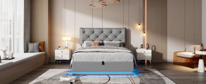 Upholstered Bed With Hydraulic Storage System And LED Light, Modern Platform Bed With Button-Tufted Design Headboard