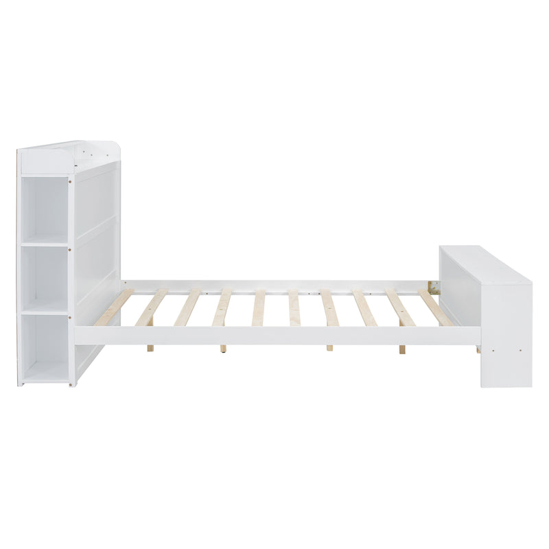 Full Size Platform Bed with built-in shelves, LED Light and USB ports, White
