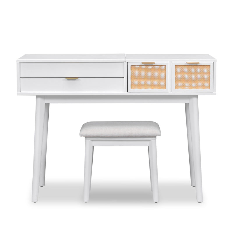 Classic Wood Makeup Vanity Set With Flip-Top Mirror And Stool, Dressing Table With Three Drawers And Storage Space