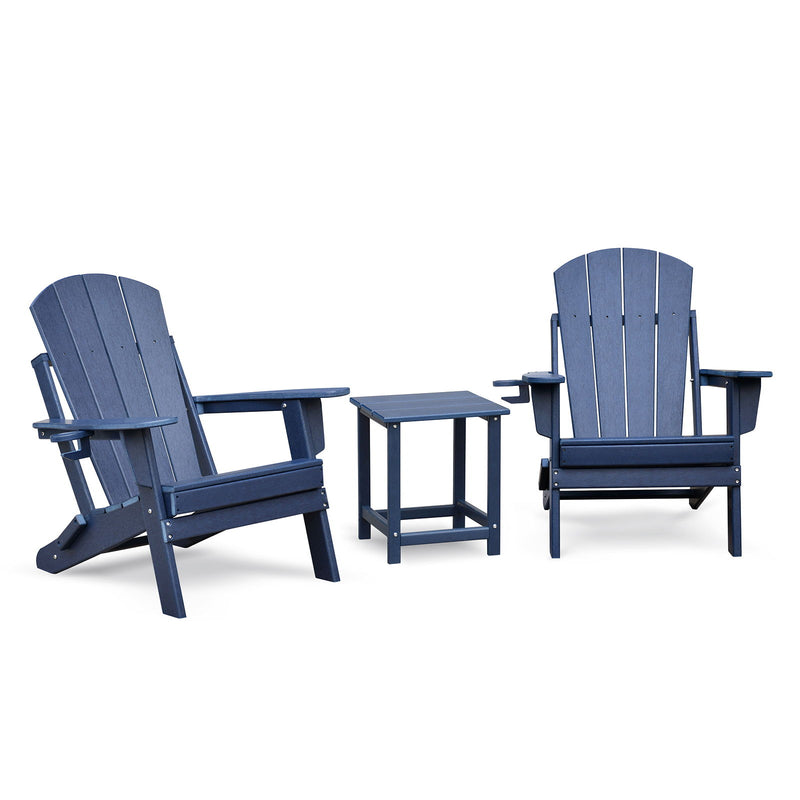 Folding Outdoor Adirondack Chair (Set of 2) And Table Set, Hdpe All-Weather Folding Fire Pit Chair, Ergonomic Design Patio Lawn Chair For Outside Deck Garden Backyardf Balcony - Navy Blue