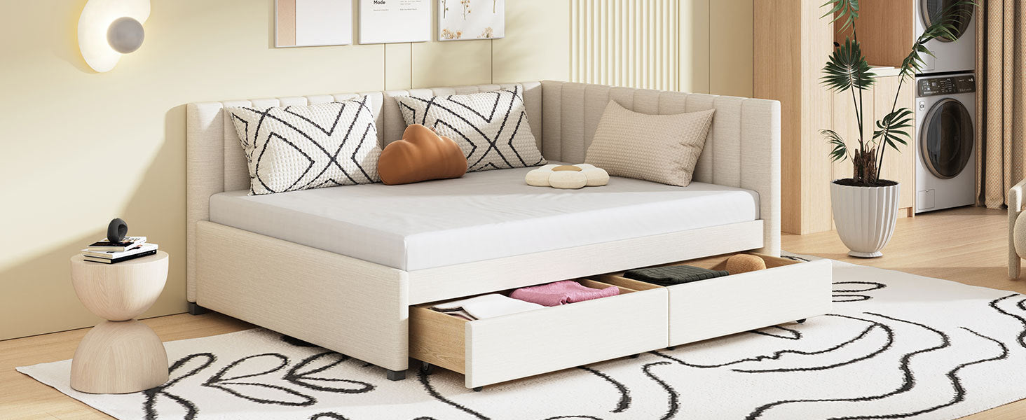 Full Size Upholstered Daybed with 2 Storage Drawers Sofa Bed Frame No Box Spring Needed, Linen Fabric (Beige) - Atlantic Fine Furniture Melbourne FL