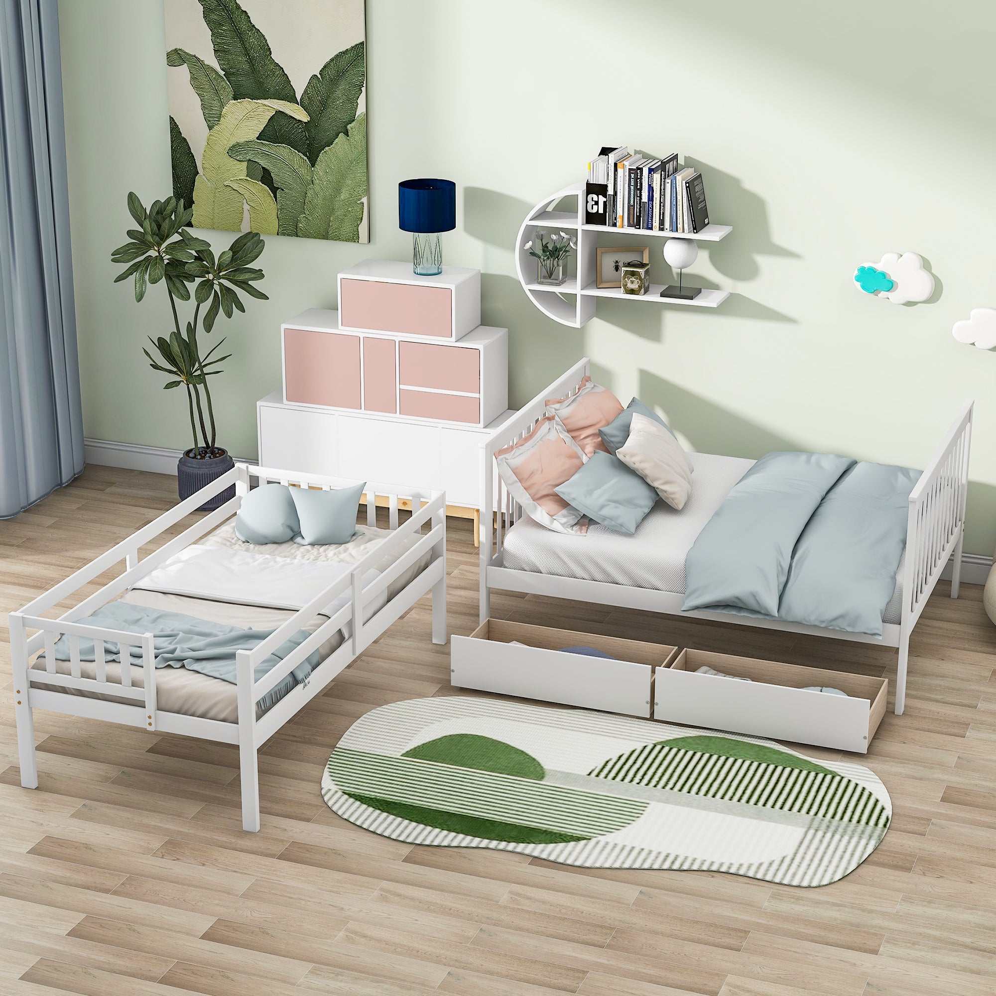 Twin Over Full Bunk Bed with 2 Drawers and Staircases, Convertible into 2 Beds, the Bunk Bed with Staircase and Safety Rails for Kids, Teens, Adults, White - Atlantic Fine Furniture Melbourne FL