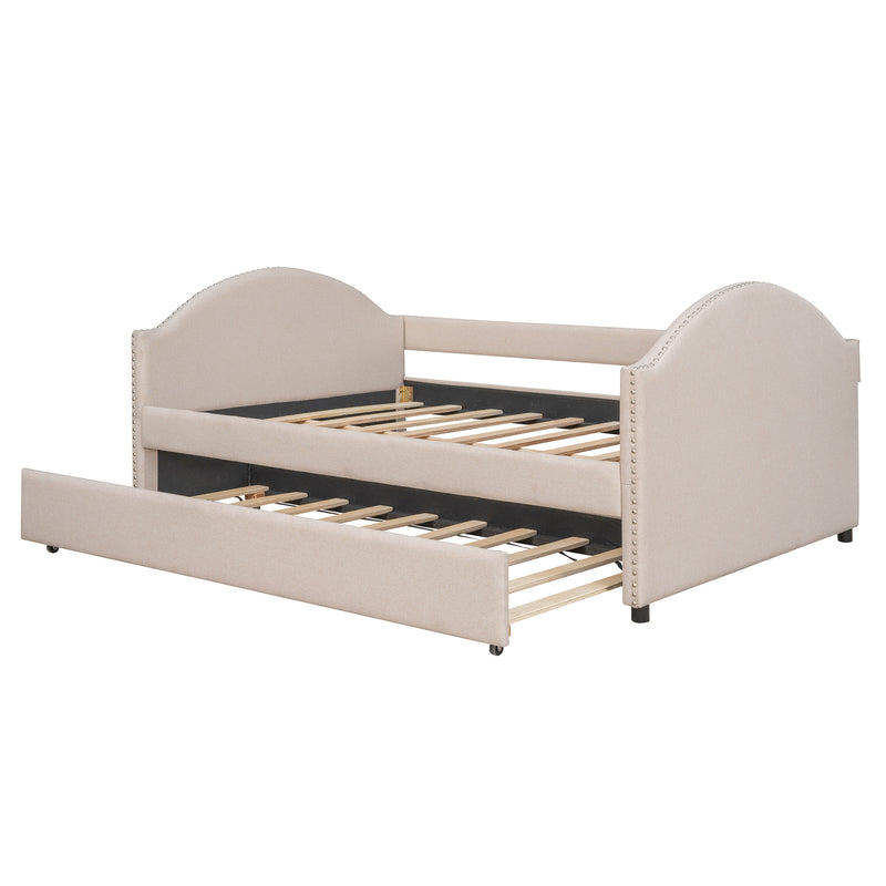 Full size Upholstered Daybed with Twin Size Trundle, Wood Slat Support, Beige(OLD SKU :LP000118AAA)