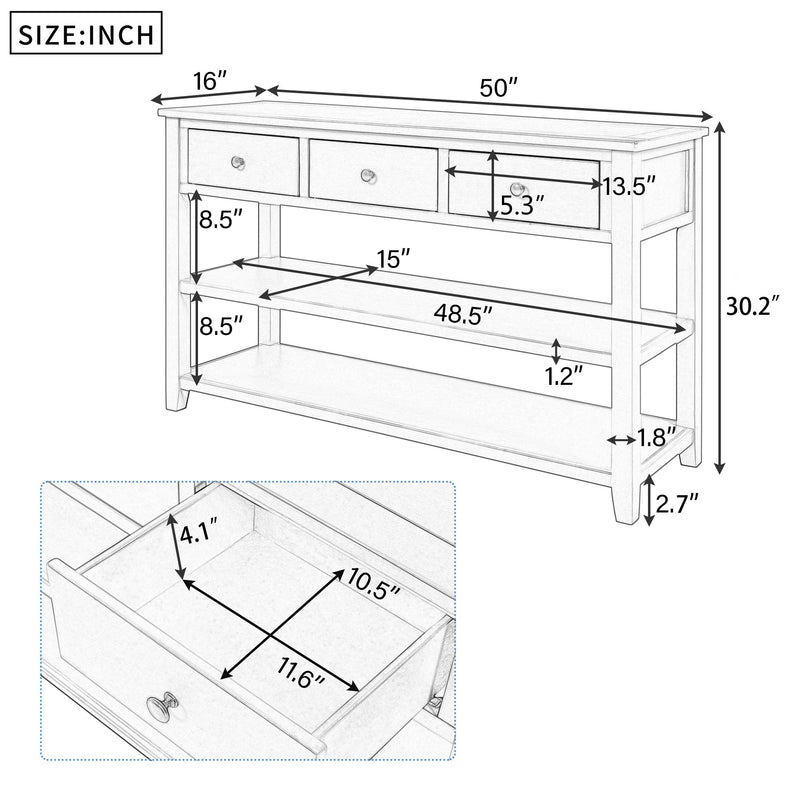 Retro Design Console Table With Two Open Shelves, Pine Frame And Legs For Living Room