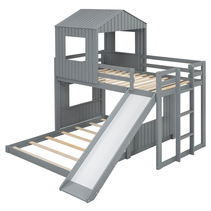 Loft Bunk Bed With Playhouse, Farmhouse, Ladder, Slide And Guardrails
