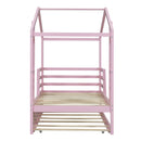 Twin Size Wood House Bed with Fence and Writing Board,Pink