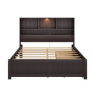 Platform Bed With Bookcase Headboard, Built-In Downlight, Charging Station, And 2 Side Drawers
