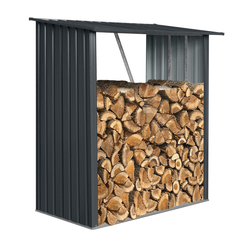 Outdoor Meta Firewood Rack, Open Wood Shed For Firewood, Pellet, Or Lumber Storage - Black