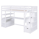 Twin Size Loft Bed with Desk and Shelves, Two Built-in Drawers, Storage Staircase, White