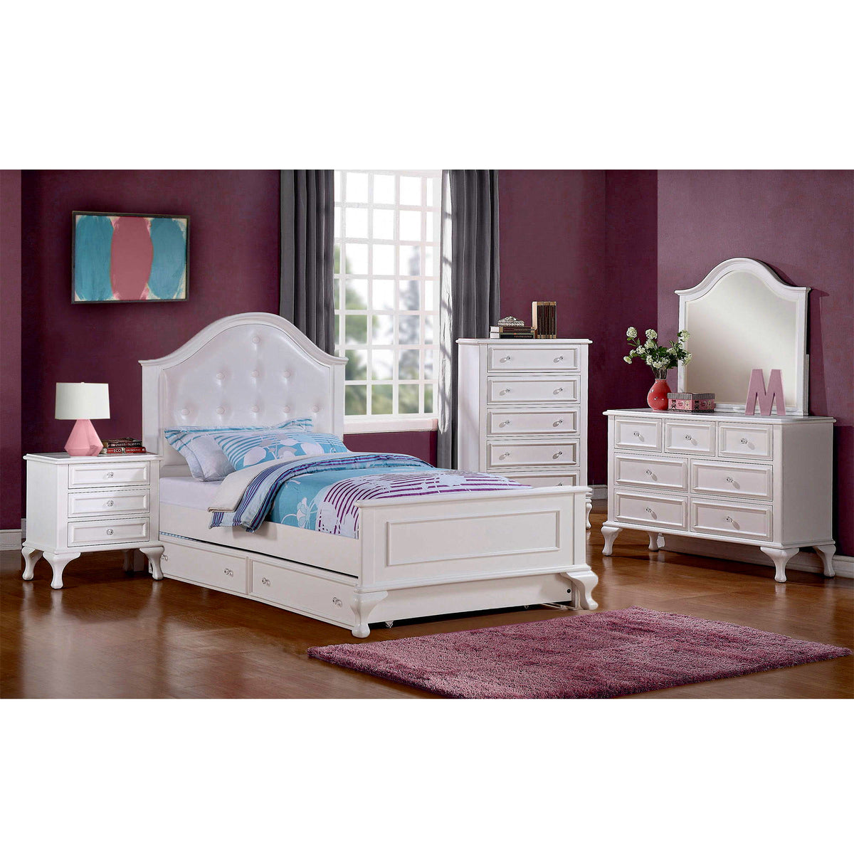 Jesse 4 Piece Full Panel With Trundle Bedroom Set in White by Elements International, view 5
