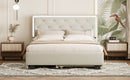 Queen Size  Velvet Storage Platform Bed, with 2 Big Drawers, Twin XL Size Trundle and LED Light, Beige