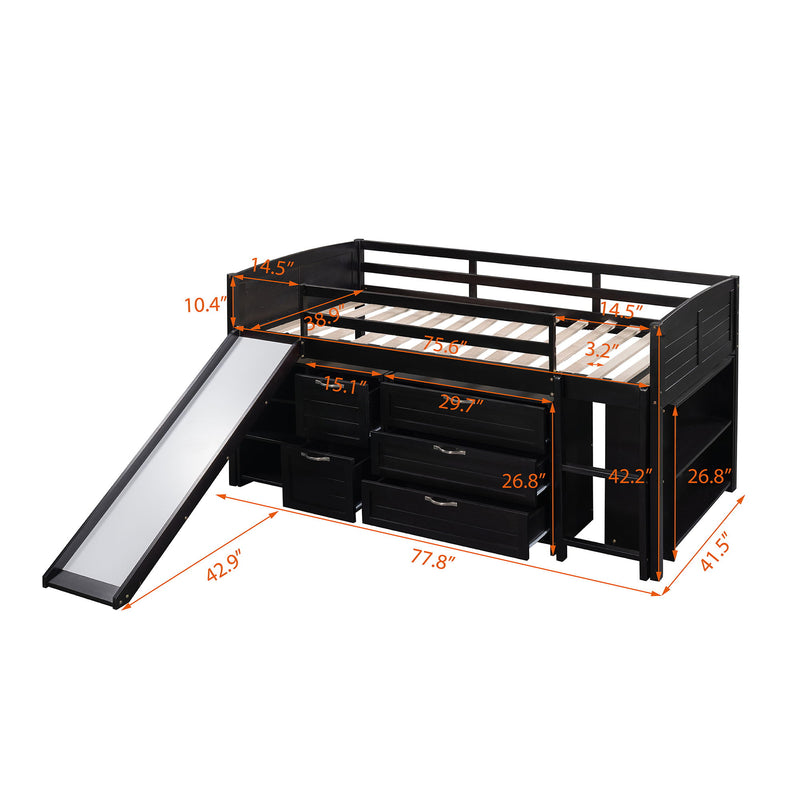Loft Low Bed With Cabinets, Shelves And Slide