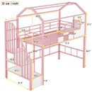 Metal Loft Bed With Roof Design And Storage Box With Guardrails And Integrated Ladder