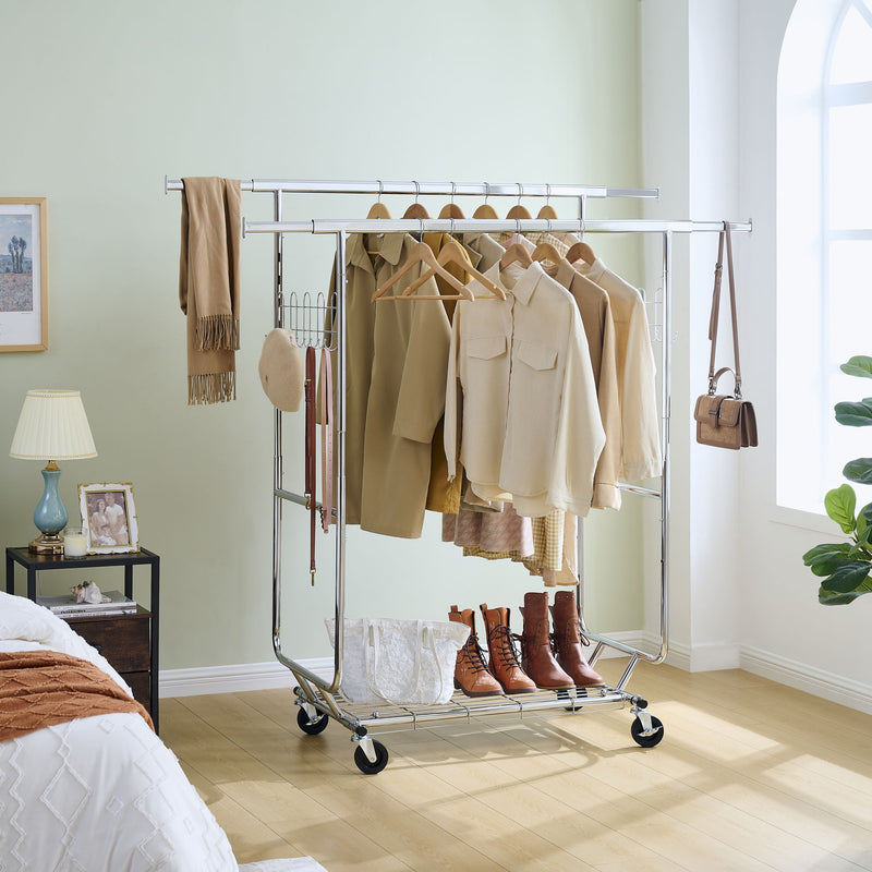 Heavy Duty Double Clothing Garment Rack With Shelves - Silver