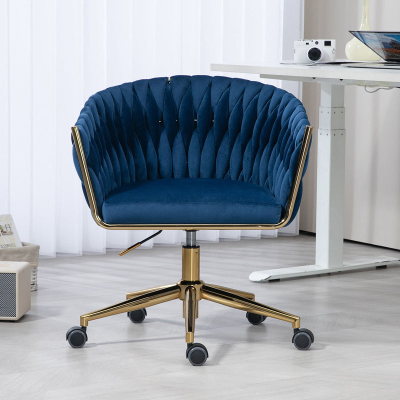 Woven Office Chair, Vanity Chairs With Wheels, Height Adjustable, 360 Degree Swivel For Bedroom, Living Room - Blue