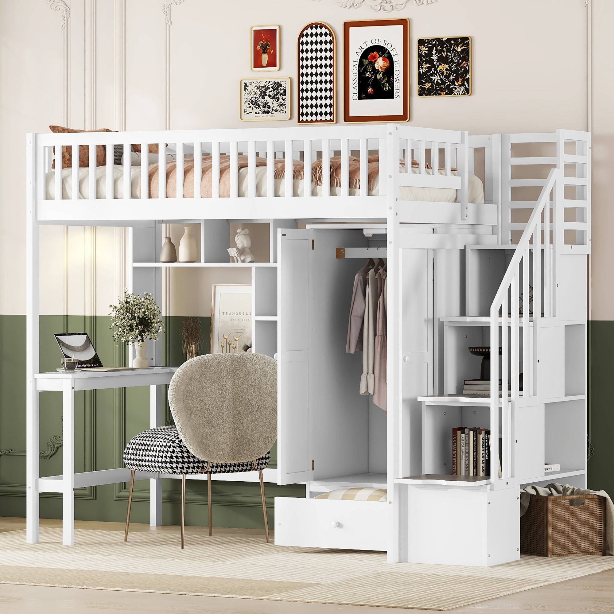 Twin size Loft Bed with Bookshelf,Drawers,Desk,and Wardrobe-White - Atlantic Fine Furniture Melbourne FL