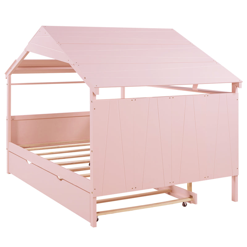 Wood Full Size House Bed with Twin Size Trundle and Storage, Pink